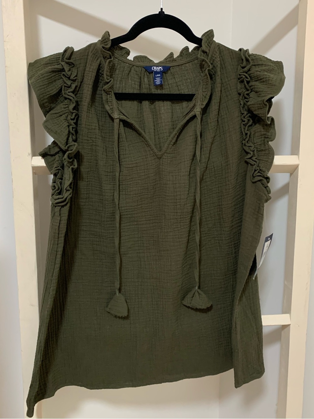Chaps Olive Green Crinkle Gauze Ruffle Blouse